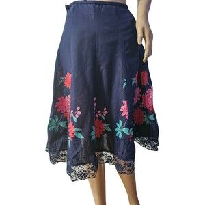 Millenium Womens 100% Cotton Medium Lace Trimmed Navy Blue Floral Skirt